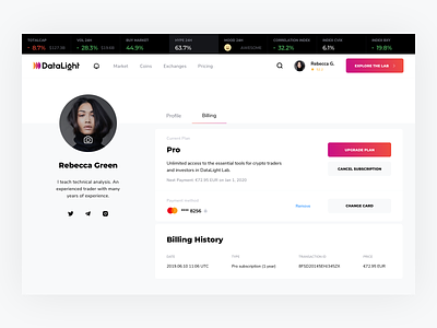Billing page design and UX billing blockchain card cryptocurrency data datalight design kosov minimal product profile settings subscription ui upgrade plan user profile ux website