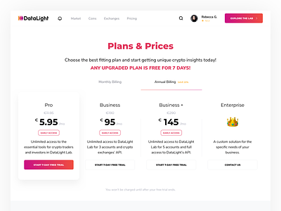 Pricing page design analitycs bitcoin choose plan cryptocurrency data datalight design kosov minimal plans platform price pricing pricing page product trial ui upgrade ux website
