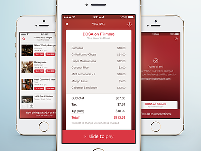 Pay with OpenTable bill check dining ios7 mobile payment opentable paid pay pay with opentable payment red