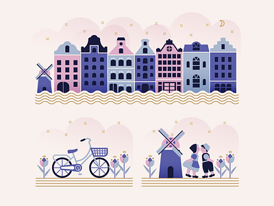 Amsterdam amsterdam bicycle buildings city houses illustration netherlands windmill