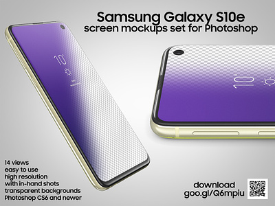 Samsung Galaxy S10e screen mockups set for Photoshop galaxy galaxy s10e hand high resolution in hand mockups montage photoshop s10e samsung screen screen mockups
