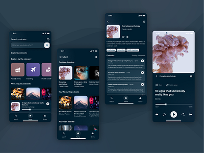 Mobile podcast player - concept (dark mode) app app design clean ui dark mode figma figma design layout mobile mobile app mobile design player podcast uxui