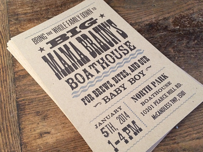 Big Mama's Boathouse invite letterpress metal type wood type