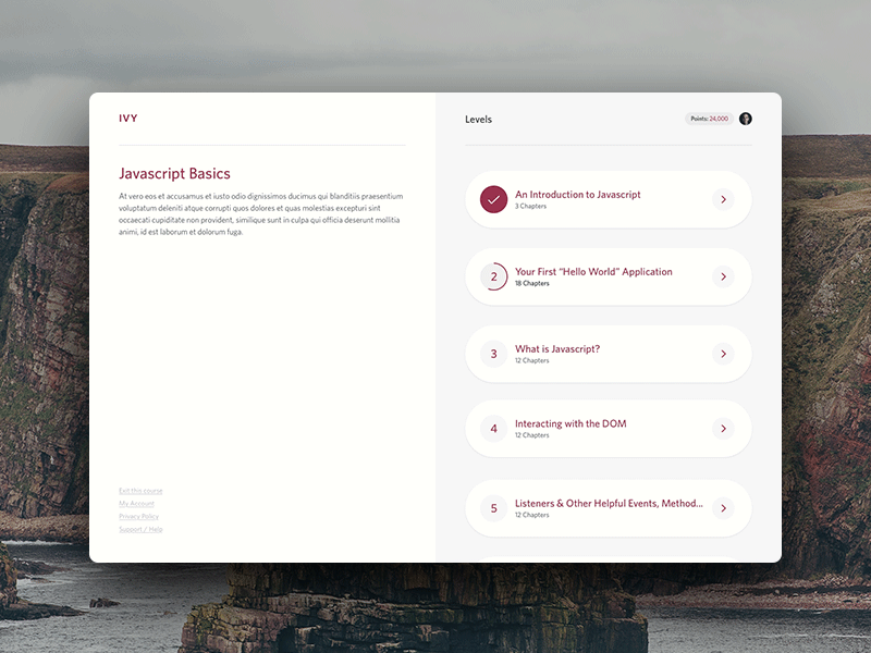 Table of Contents app ux ui chapters levels education application web animation framer