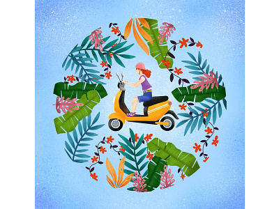 Just a Girl and her Scooter character design colorful complimentary design illustration nature plants travel