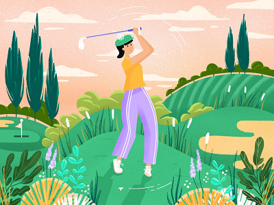 Sunday Afternoon background art character design colorful complimentary design flat design golf green illustration nature plants sports