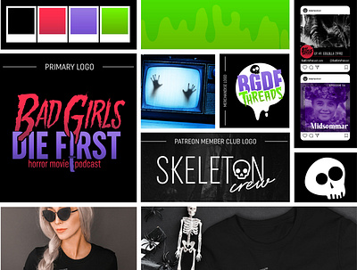 Brand board for Bad Girls Die First: Horror Movie Podcast apparel branding design graphic design illustration logo social media design typography vector