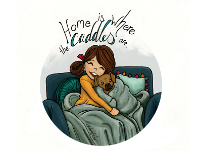 Home Is Where The Cuddles Are cuddles cute cute animal dog friends girl homwork illustration pet sweet