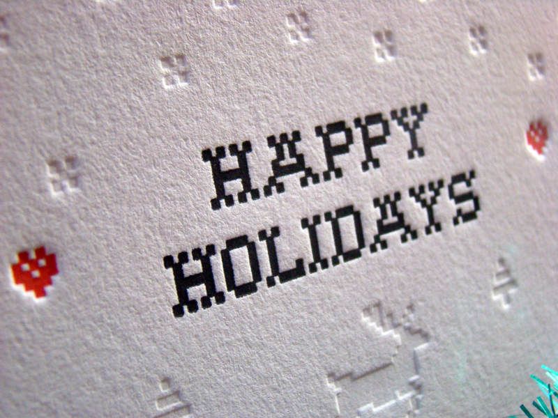 Holidays Card black christmas close up cotton emboss holidays letterpress pine tree red reindeer snow