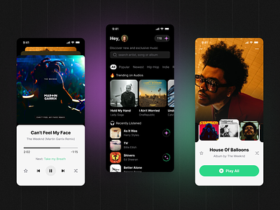 Music streaming application app application audio blockchain bright darktheme gradients music musicplayer player streaming token ui ux