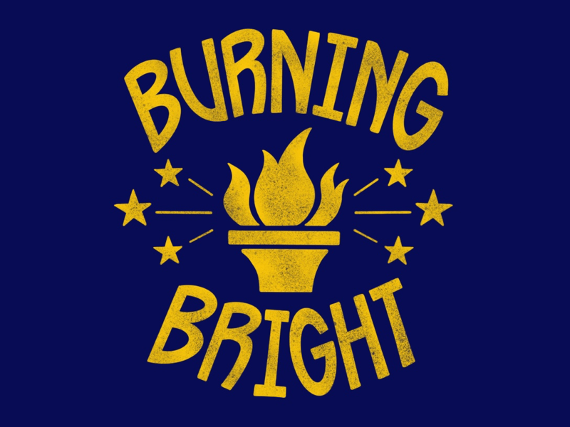 Burning Bright gold blue stars star torch t-shirt lettering design indiana