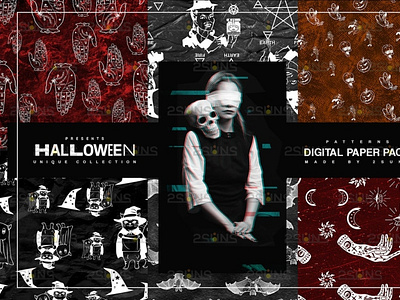 Halloween Digital Paper, Halloween Horror Witch Skulls