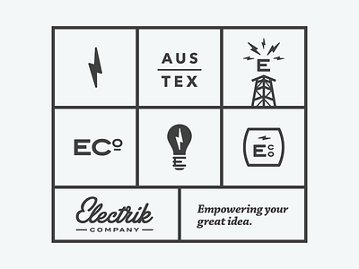 Electrik Co. Brand Buildout bolt branding buildout bulb electric light bulb lightning logo logo mark support elements tower