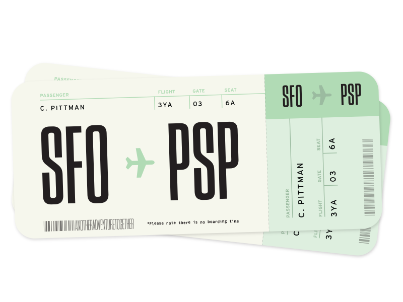 Boarding airplane airport boarding pass fly palm springs plane ticket travel typography