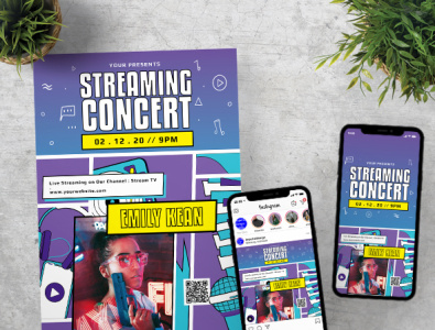 Streaming Concert Flyer Poster Instagram Set Template concert flyer illustrator instagram instagram post instagram stories music poster show social media streaming typography