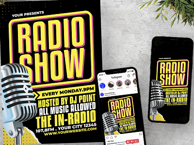 Radio Show Flyer Instagram Set Template abstract band black club concert dance dj dj flyer event event flyer festival indie instagram jazz festival music music flyer neon neon light neon radio