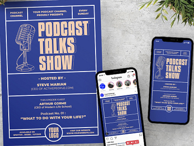 Podcast Talks Show Flyer Instagram Set ads design easy to use flyer graphic hype illustration instagram microphone modern music on air post poster simple social media stay at home story streaming template