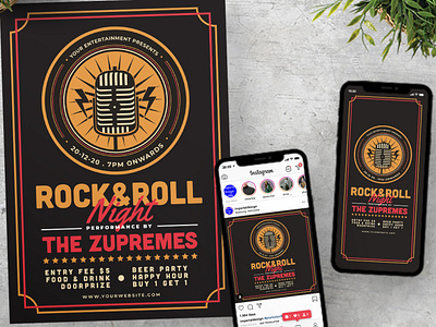 Rock & Roll Night Flyer Instagram Set ads announcer badge club easy to use event flyer illustration indie instagram mic microphone modern music night on air party podcast post radio