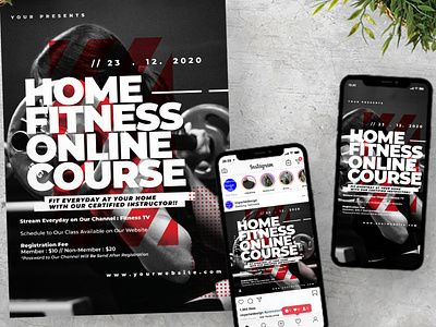 Home Fitness Online Course Class Flyer Instagram Set body building easy to use exercise fitness flyer gym healthy healthy life home instagram instagram post instagram story modern poster simple sports stay at home strong training workout