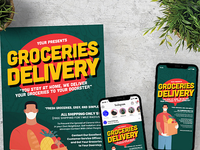 Groceries Delivery Flyer Instagram Set Template beverages commerce corona covid 19 delivery drink eat flyer food foodstuff fruit greengrocery groceries healthy ingredients instagram instagram post instagram story market marketing