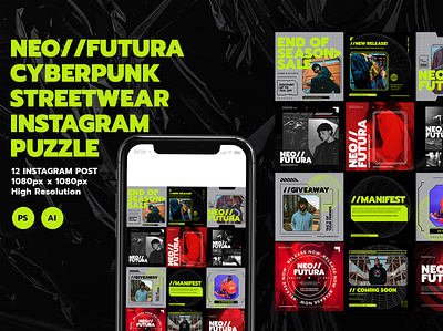 Neo Futura Fashion Instagram Post Pack ads cyberpunk discount fashion instagram instagram post instagram story poster retail retail store social media techno template