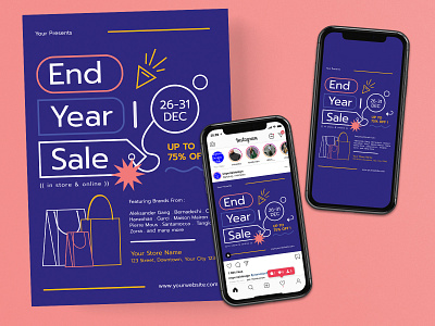 End Year Sale Flyer Instagram Post Story Set ads discount end year sale fashion flyer instagram instagram post instagram story modern poster retail sale social media store template