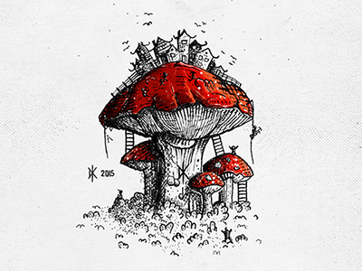 Mushroom Town city fantasy illustration mushroom people town