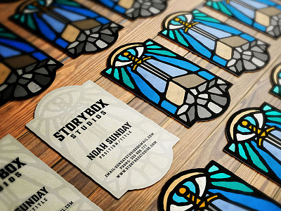 Storybox Studios business cards ver. 1 box branding dusan klepic eye logo stained glass story studio sword video vintage vitrage