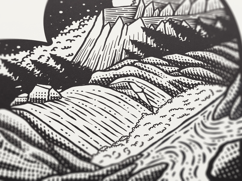 Something cool is cooking at New Garden Society illsutration pine tree black and white stars moon night river waterfall wild mountains