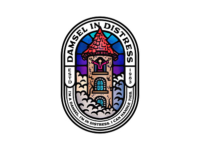 Damsel In Distress badge branding clouds damsel dusan klepic fairytale fortress help lady stained glass sticker tower vintage woman