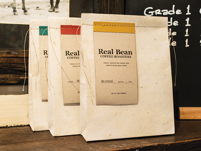 Real Bean Coffee Roasters Packaging bean coffee design hand drawn loyalty card packaging plantable paper print roasters tags