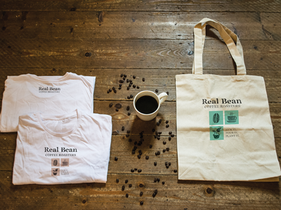 Real Bean Merchandise coffee design hand drawn icons merchandise mug print real bean roasters t shirts tote bag typography