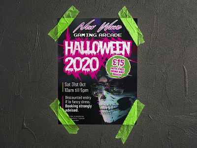 Halloween Poster for New Wave Arcade arcade gaming glitchart grunge font hacker halloween halloween flyer halloween party matrix poster poster on wall skeleton skull video games videogame videogames