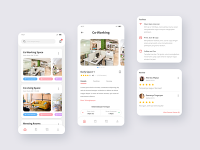 Co-Working Space App app app design booking card clean coworking space daily ui design dribbble figma mobile mobile app reservation