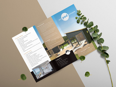 Architect Trifold Brochure Design architect architecture black clean eco environmentally friendly gold green home house housing infographic minimal modern overlapping real estate tiny house transportable trendy white