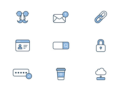 Blue Line Icon Set bank blue blue line icon set branding computer cool corporate elderly friendly icon design icon designs iconography icons internet rounded corner scams white