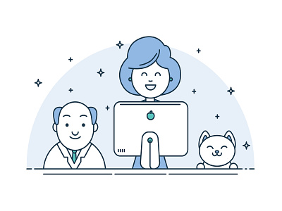 Illustration Of Grandparents & Cat At Computer