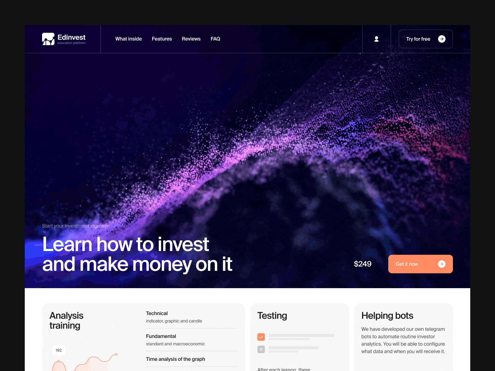 Edinvest education platform animation education investment landing page orange purple ui uxui webdesign