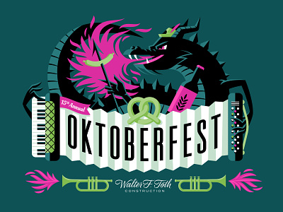 Oktoberfest Dragon accordion beer bratwurst disney dragon festival fire flame germany horn illustration instruments monster octoberfest oktoberfest piano poster pretzel trumpet