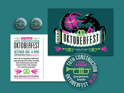 Oktoberfest Collateral badge bratwurst buttons dragon fire instruments monster octoberfest oktoberfest pins postcard pretzel print design seal sticker stickers trumpet