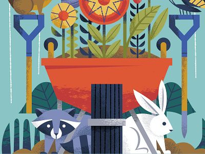 Poster Crop animals bunny dirt flowers garden rabbit rabbits raccoon raccoons rake shovel wheel wheelbarrow