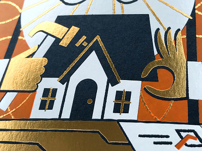 Letterpress Holiday Card (Detail) christmas christmas card gold gold foil hammer hands holiday card house letterpress letterpress card mid century santa tools