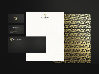 B. Valkyrie Collateral art deco brand identity branding business card business cards businesscard classy collateral envelope gold gold foil graphicdesign letterhead logo pattern print print collateral print design stationary suite