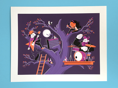 Band Practice Print art print band bird cat character design characters drummer drums electric guitar giclee giclee print guitar illustration ladder leaves microphone moon music print tree