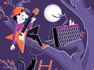 Band Practice Print (Detail 2) amp art print band candle candles cat character character design electric guitar giclee giclee print guitar guitar amp hat illustration leaves music print shop tree