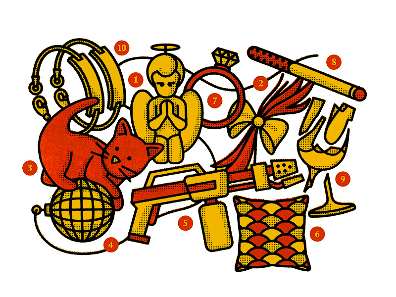 Scavenger Hunt flame thrower glass cigarette hair ring diamond angel halftone disco ball cat illustration
