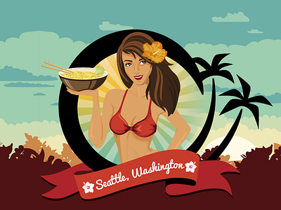 Thai Restaurant Character beach bikini buddha bruddah girl illustration palm trees sunset vector