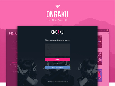 Ongaku: Free Music App UI Kit app black desktop download free freebie japanese list music pink ui user interface