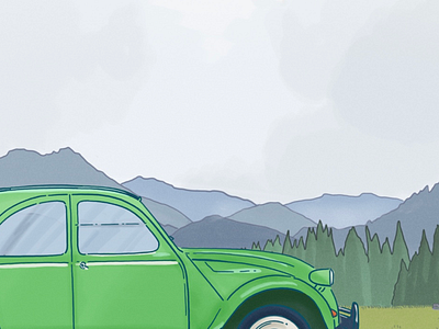 The green 2CV 2cv book car drawing green illustration mountain nature old road travel trip vintage