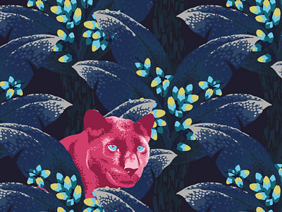 Feline adrian blue bold cissé hide illustration jungle palm panther pattern pink print tree wallpaper